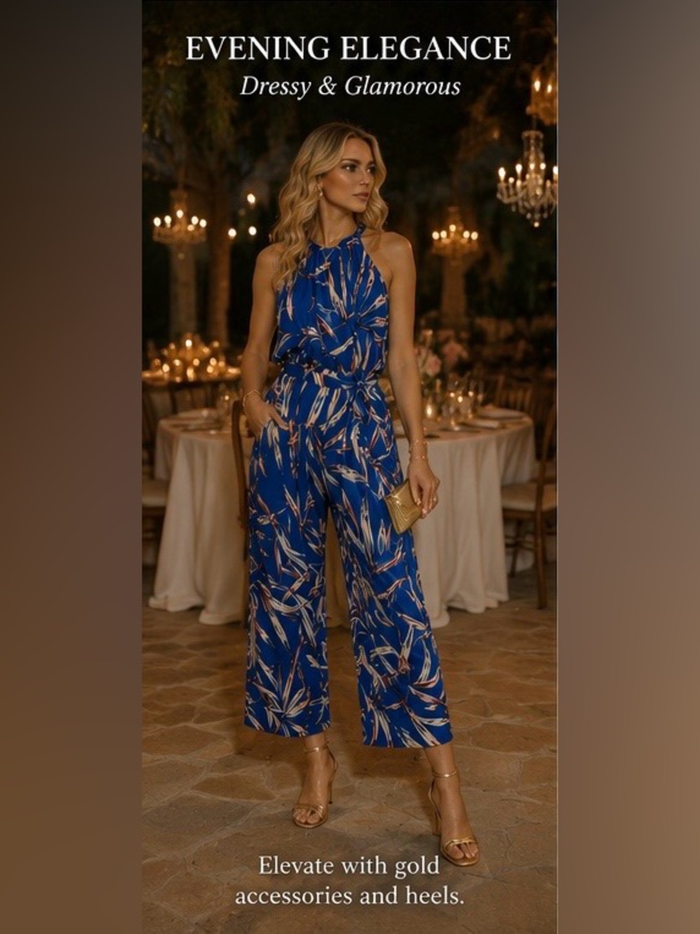 🔥Blogger Favorite Blue Tropical Print Cropped Jumpsuit ✨ Greece Vacation Luxe - Picture 6 of 13